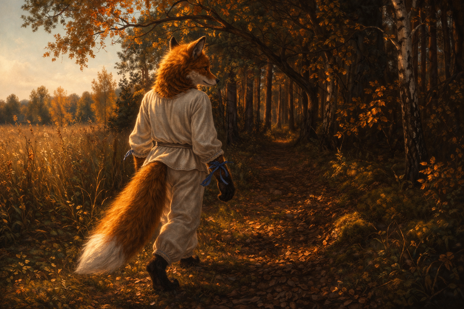 Foxyana on an autumn forest path entering the Polissia woodland — the forest path into Lisovik's territory